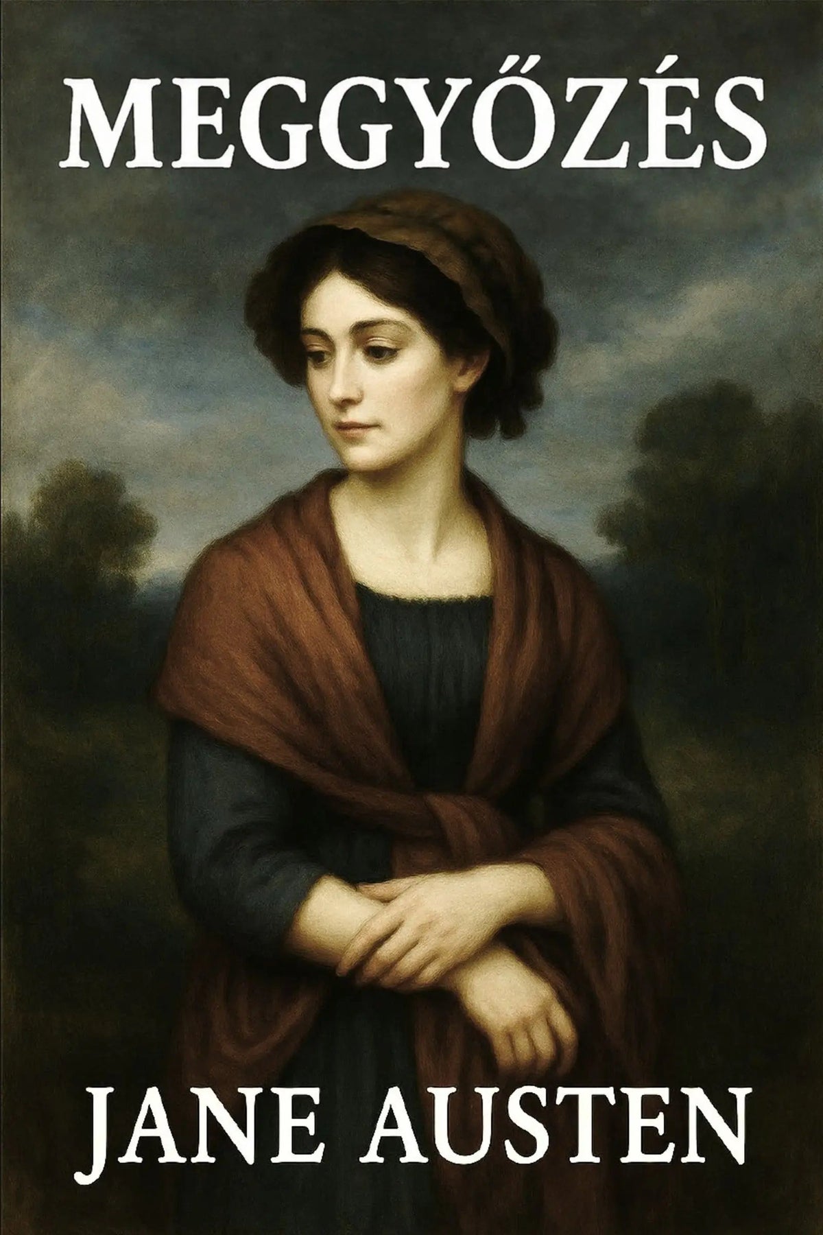 Book cover for 'Meggyőzés' by Jane Austen, featuring a classical-style portrait painting of Jane Austen with a brown shawl and dark dress against a moody landscape background, with the title and author name in white text.