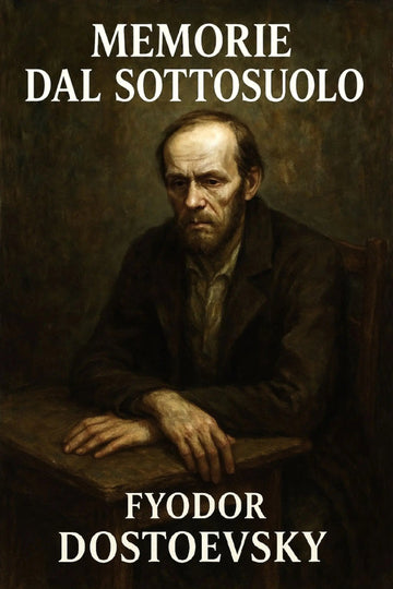 Book cover for 'Memorie dal sottosuolo' by Fyodor Dostoevsky, featuring a dark classical painting of a seated man at a table with white title and author text.