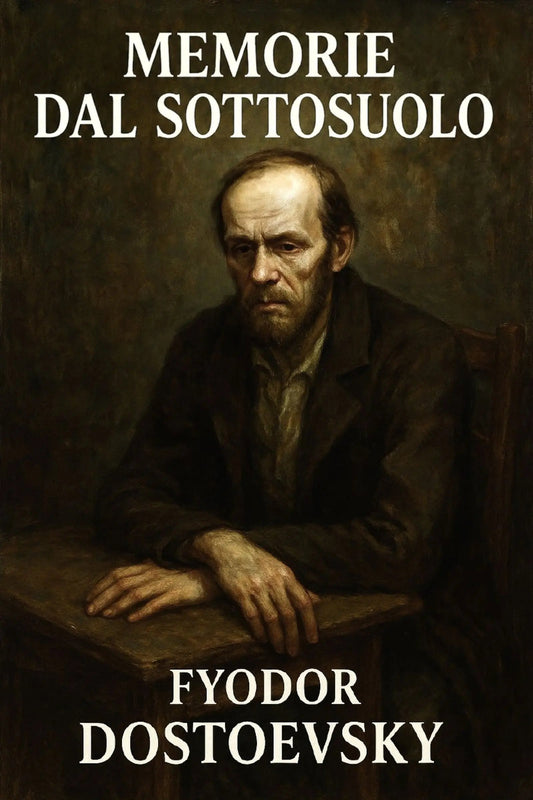 Book cover for 'Memorie dal sottosuolo' by Fyodor Dostoevsky, featuring a dark classical painting of a seated man at a table with white title and author text.