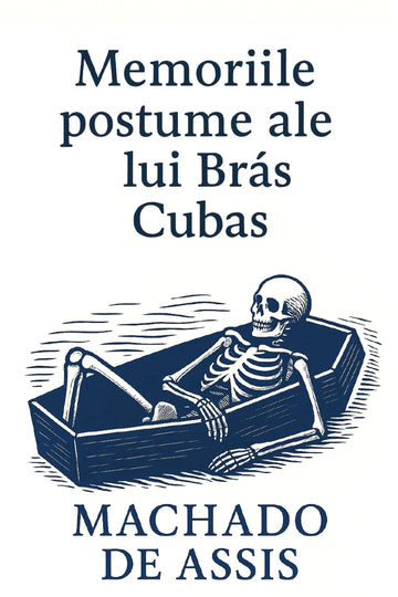 Book cover of 'Memoriile postume ale lui Brás Cubas' by Machado de Assis with a skeleton in a coffin illustration.