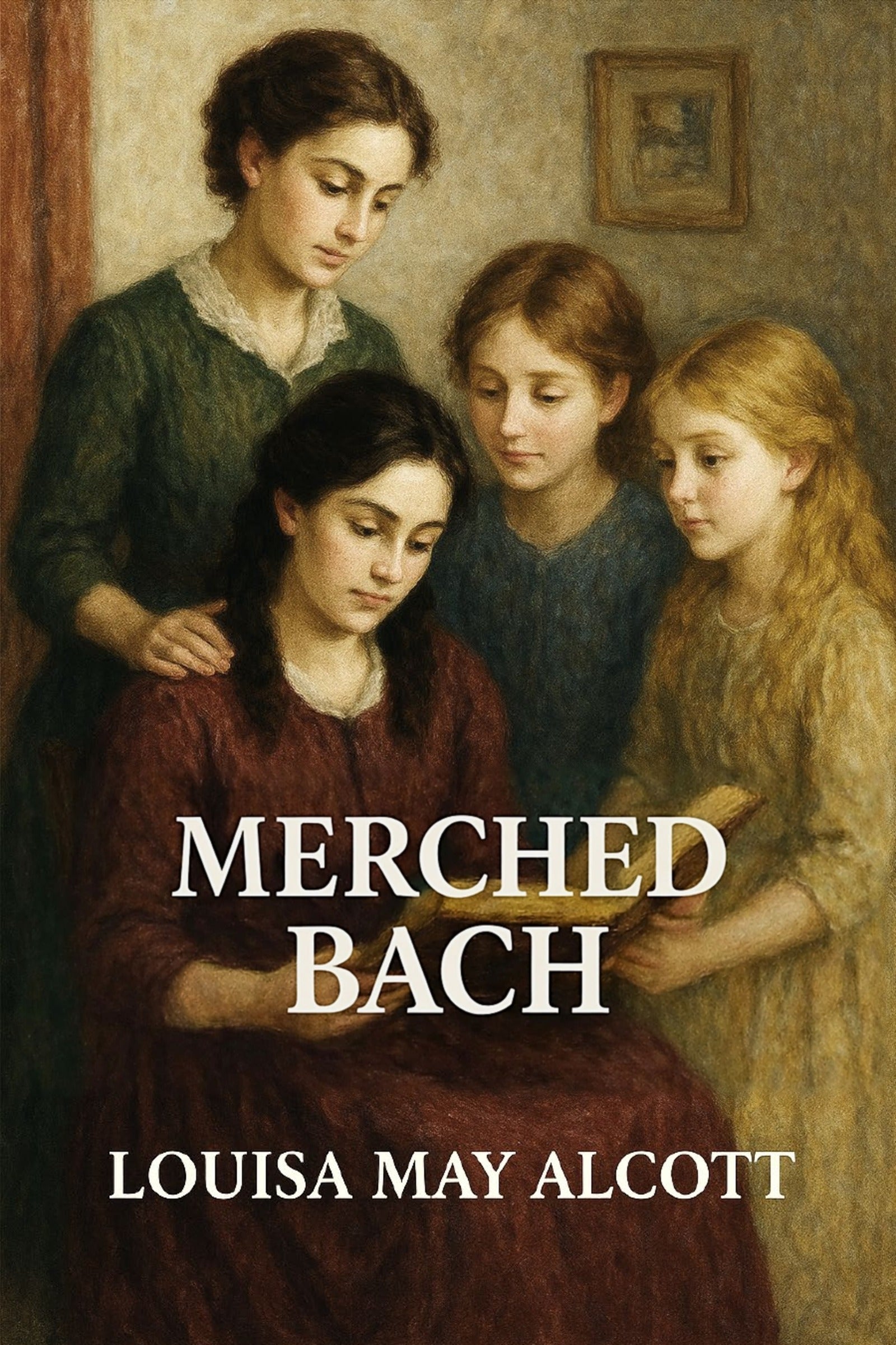 Book cover of 'Merched Bach' by Louisa May Alcott featuring four women in a close gathering.