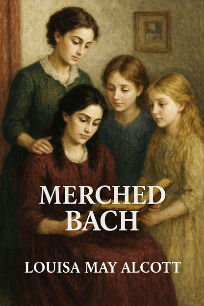 Book cover of 'Merched Bach' by Louisa May Alcott featuring four women in a close gathering.