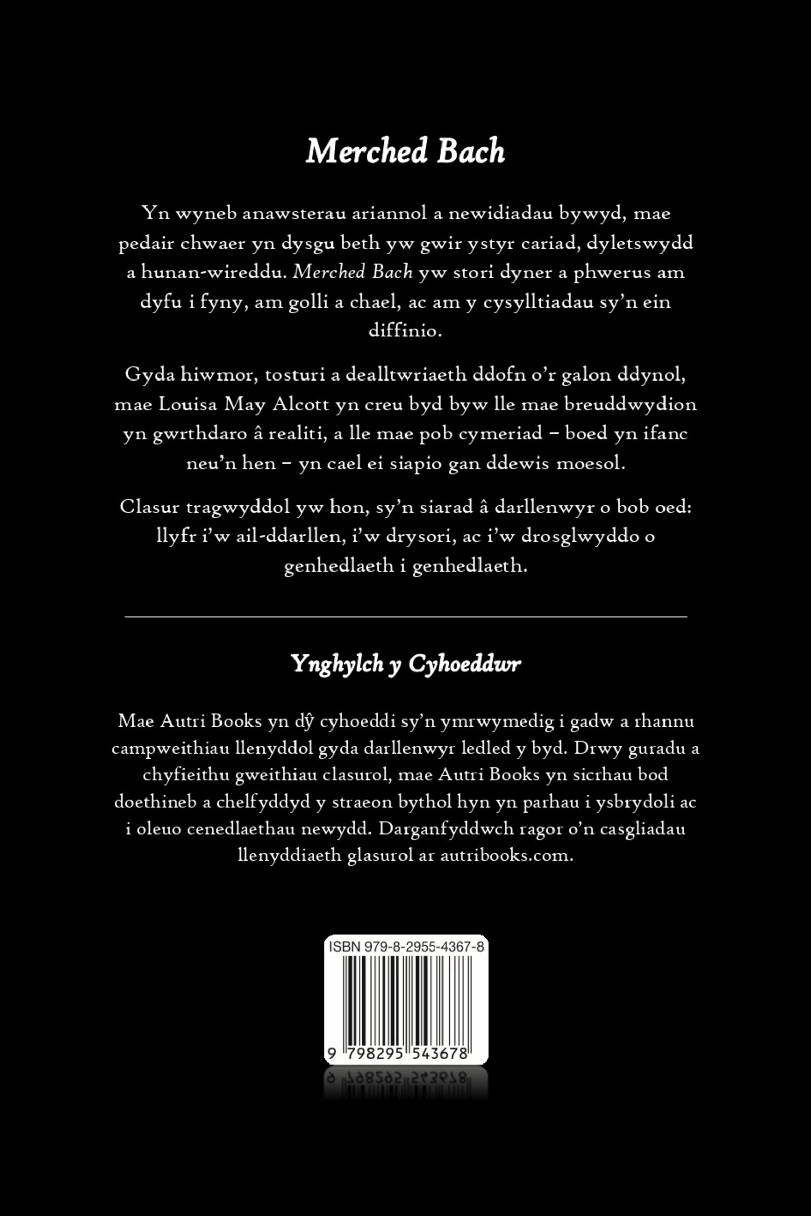 Back cover of a book with text in welsh and a barcode on a black background