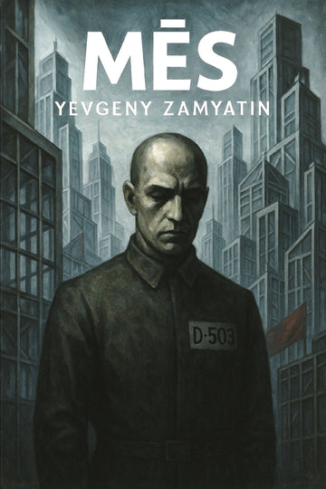 Book cover for 'Mēs' by Yevgeny Zamyatin, featuring a dark, stylized illustration of a bald man in a dark uniform with a 'D-503' patch.