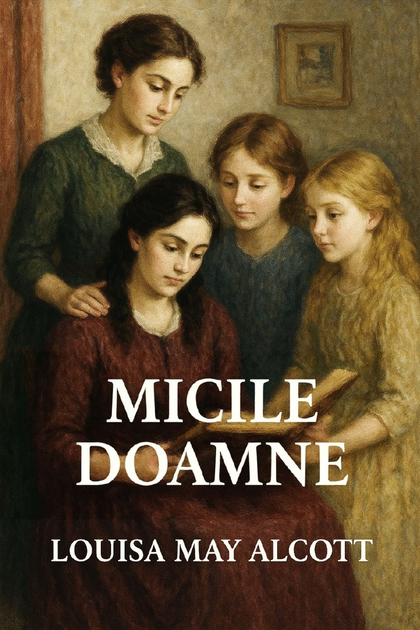 Book cover of 'Micile Doamne' by Louisa May Alcott featuring four women in a warm-toned setting.