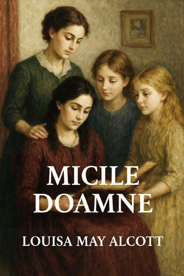 Book cover of 'Micile Doamne' by Louisa May Alcott featuring four women in a warm-toned setting.