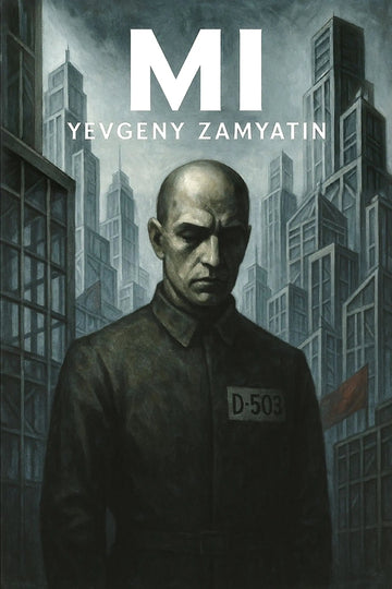 Book cover for 'Mi' by Yevgeny Zamyatin, featuring a dark, moody illustration of a bald man in a uniform with the number D-503, set against a backdrop of tall, shadowed city buildings.