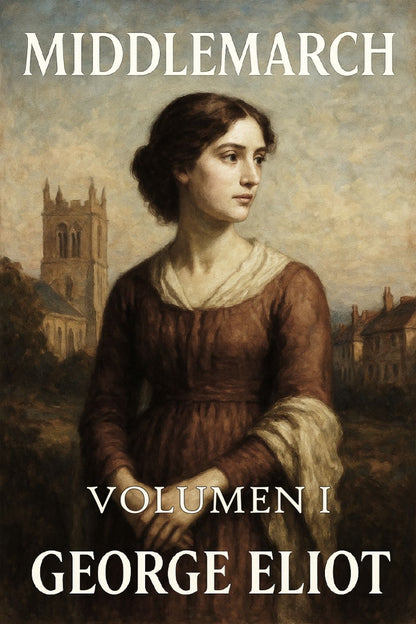 Book cover of 'Middlemarch' by George Eliot featuring a woman in a brown dress with a church in the background.