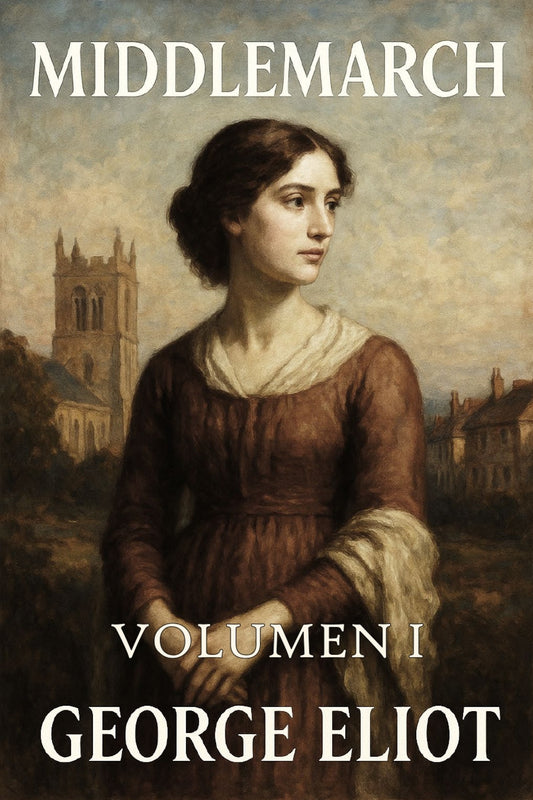 Book cover of 'Middlemarch' by George Eliot featuring a woman in a brown dress with a church in the background.