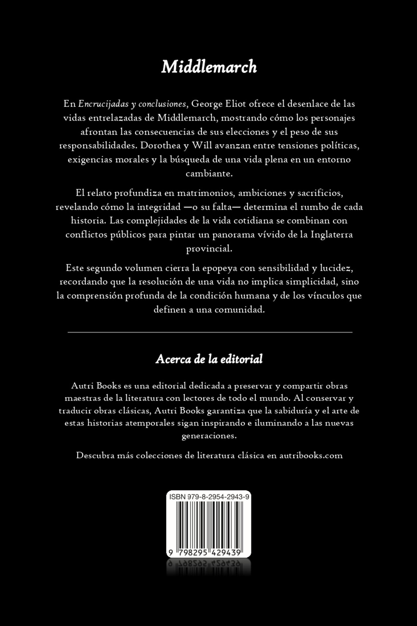 Back cover of a book titled 'Middlemarch' with text and a barcode.