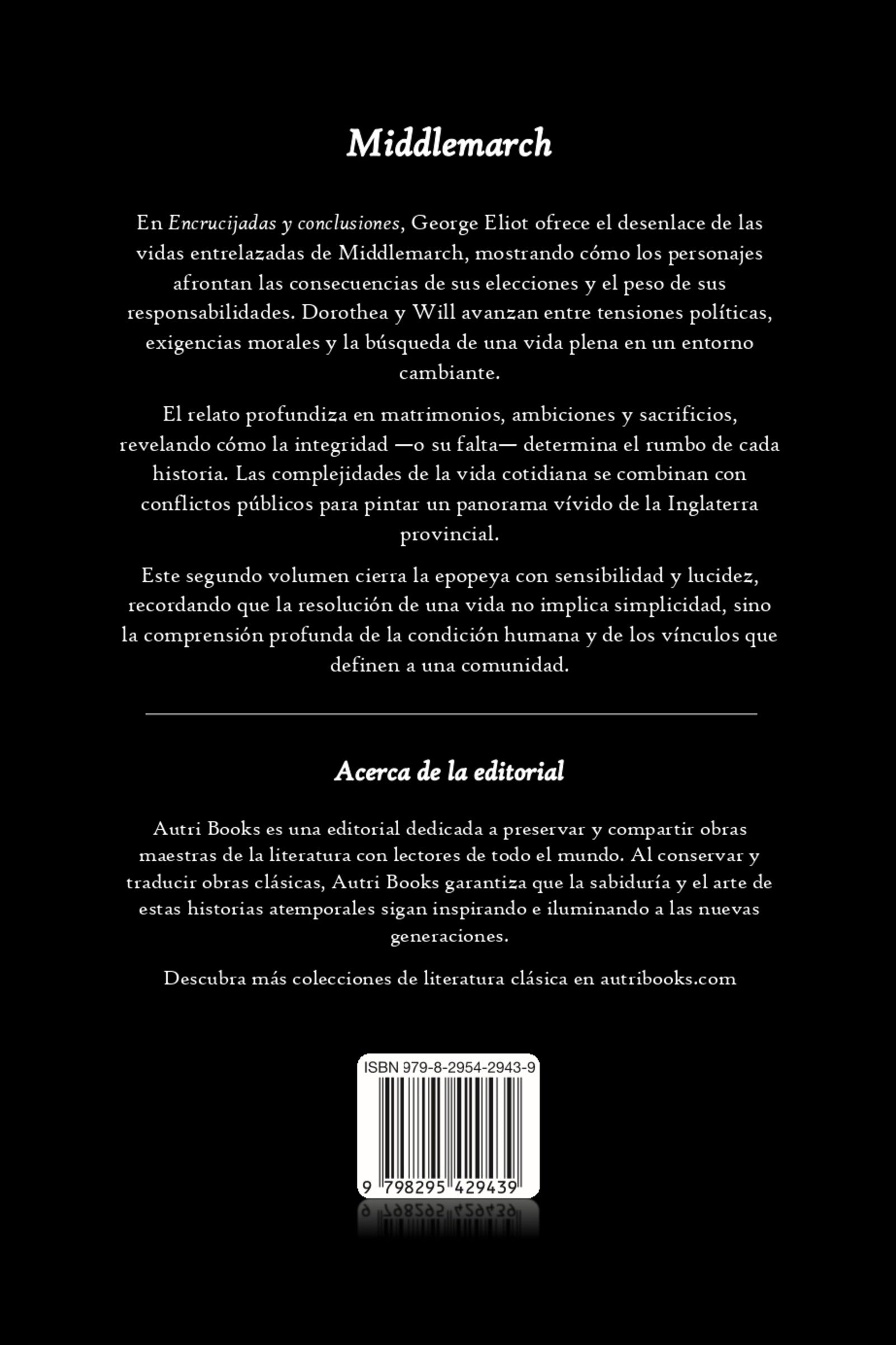 Back cover of a book titled 'Middlemarch' with text and a barcode.
