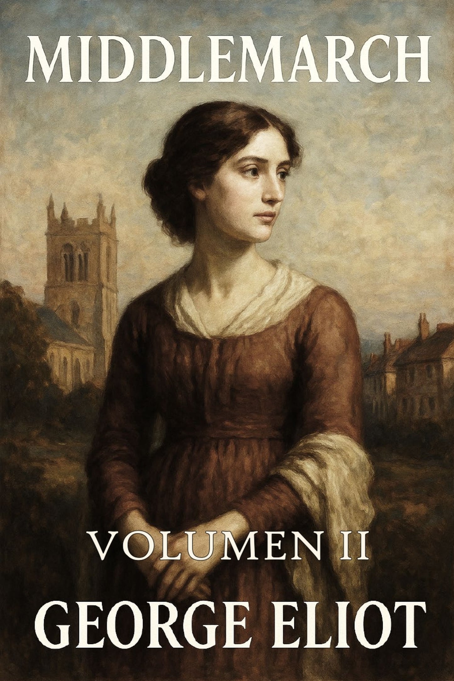 Book cover of 'Middlemarch' by George Eliot featuring a woman in a brown dress with a church in the background.
