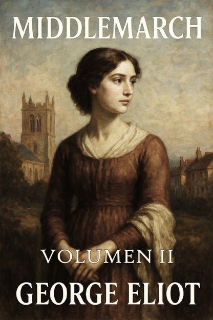 Book cover of 'Middlemarch' by George Eliot featuring a woman in a brown dress with a church in the background.