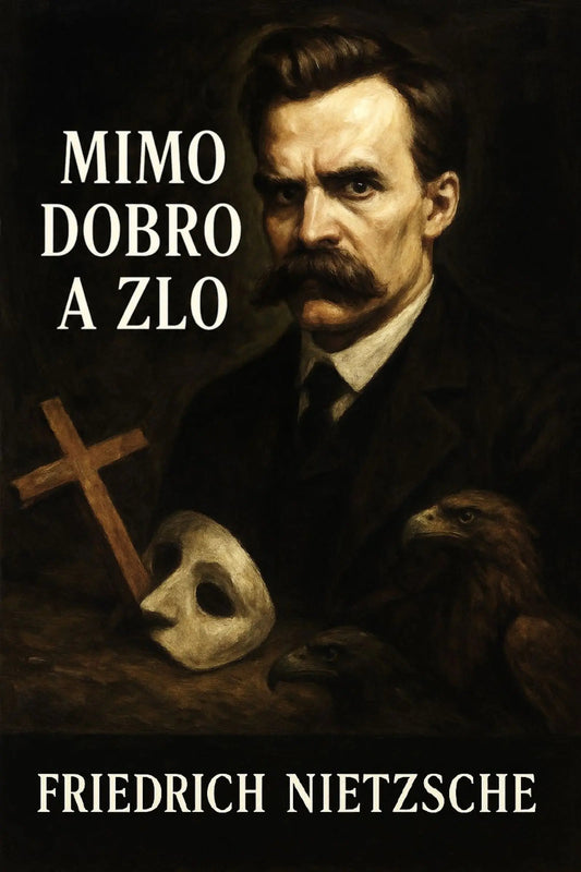 Book cover for Friedrich Nietzsche's 'Mimo dobro a zlo' featuring a dark, moody portrait of Nietzsche, a white masquerade mask, a wooden cross, and a bird on a black background.