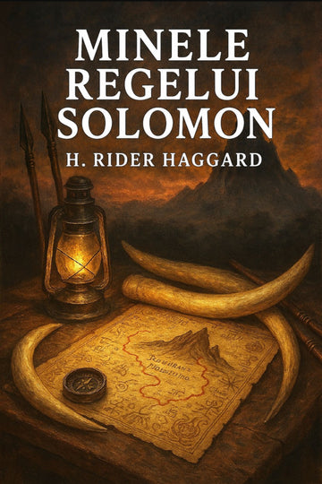 Book cover of 'Minele regelui Solomon' by H. Rider Haggard with a lantern, horns, and map on a dark background.