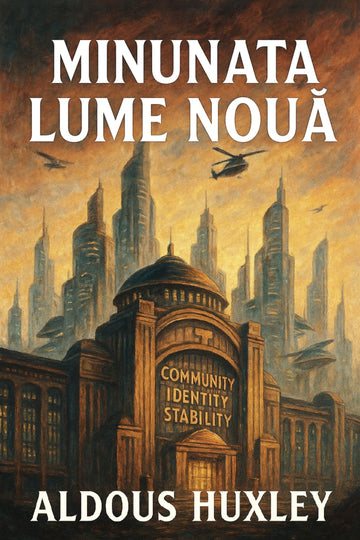 Book cover of 'Minunata lume nouă' by Aldous Huxley with a futuristic cityscape.