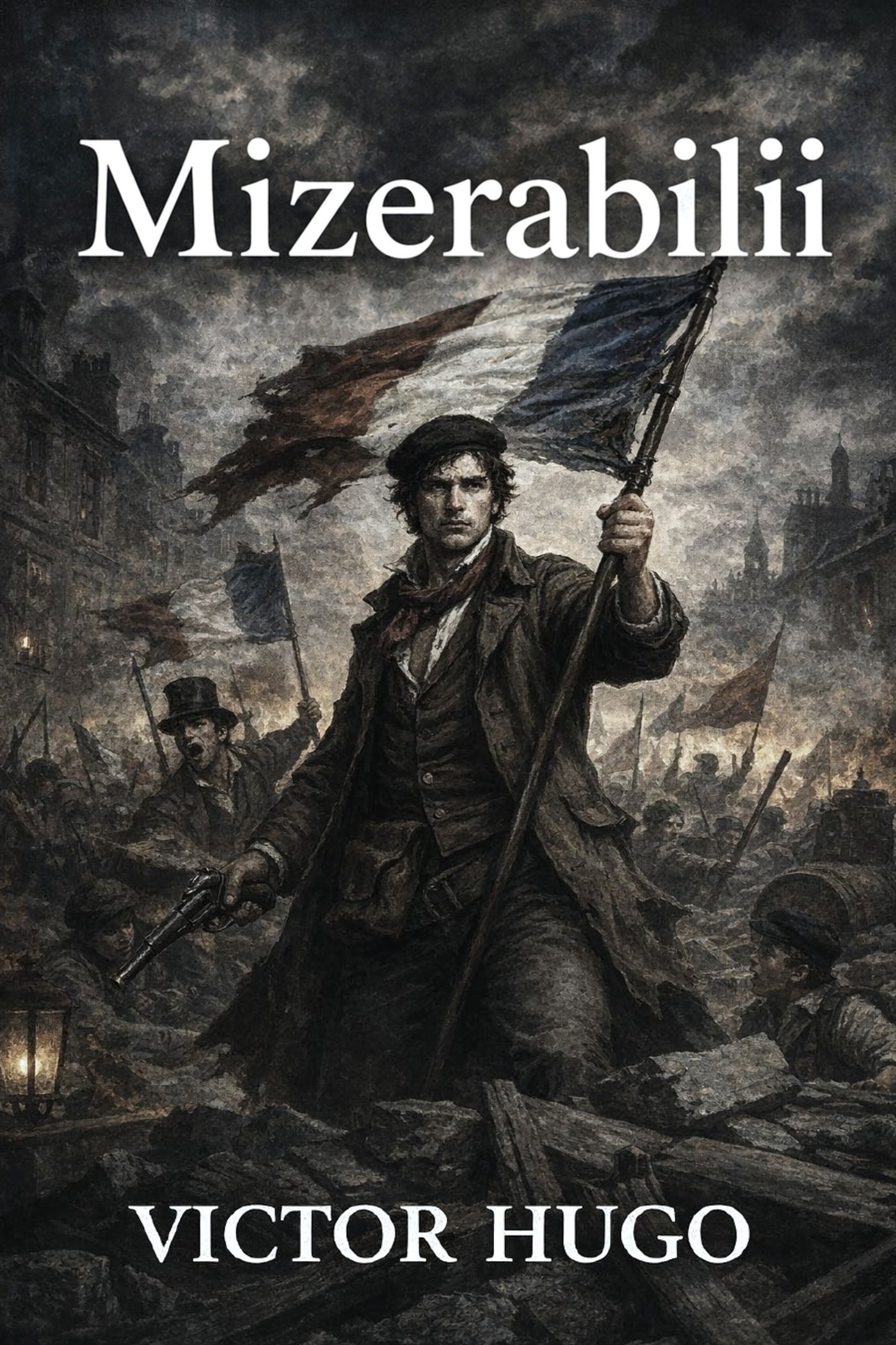 Book cover of 'Mizerabilii' by Victor Hugo featuring a historical scene with a man holding flags.