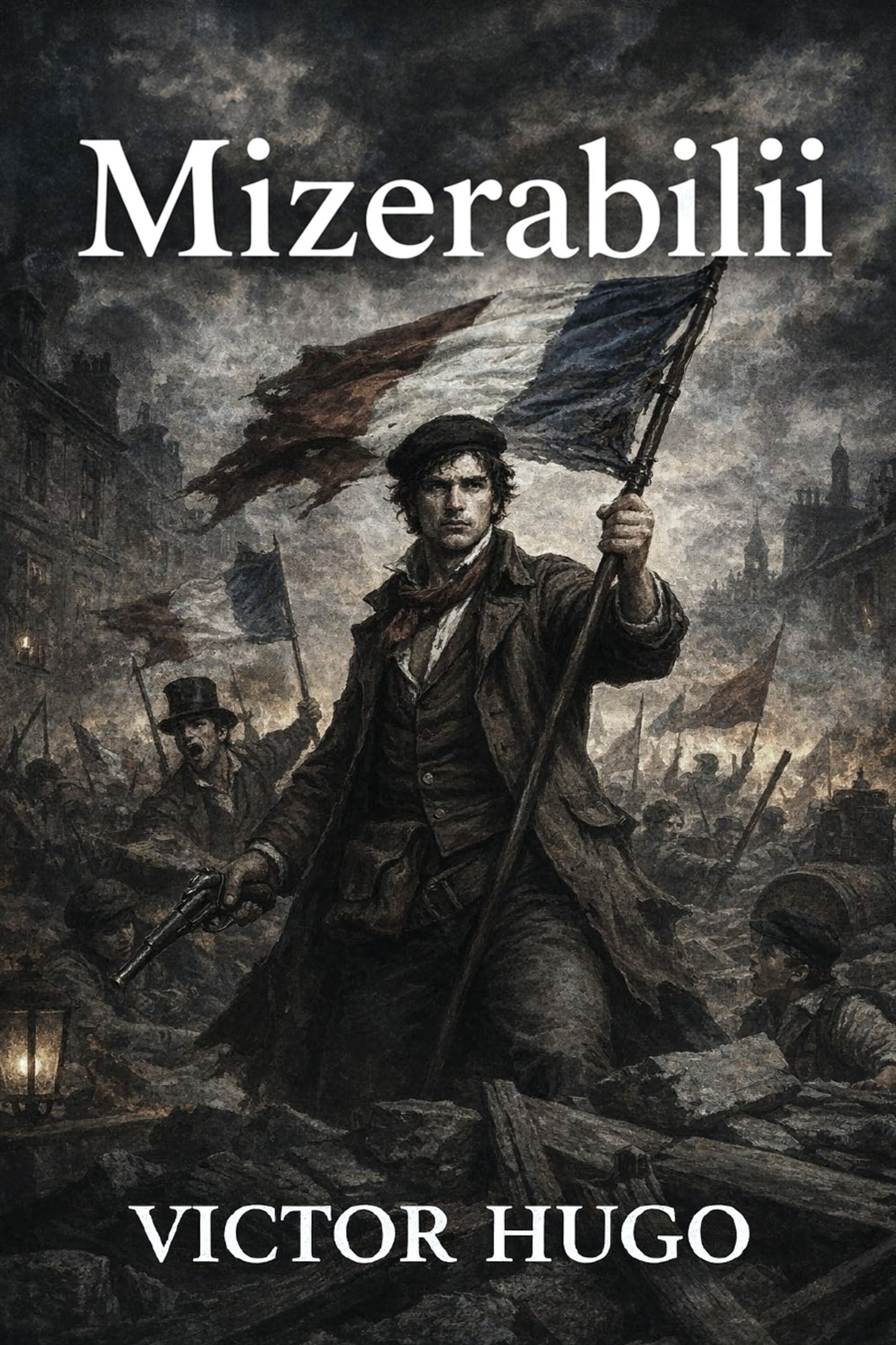 Book cover of 'Mizerabilii' by Victor Hugo featuring a historical scene with a man holding flags.
