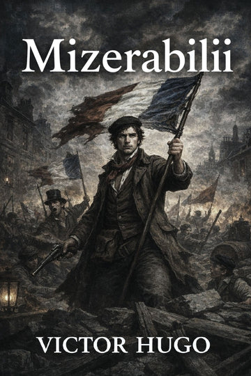 Book cover of 'Mizerabilii' by Victor Hugo featuring a historical scene with a man holding flags.