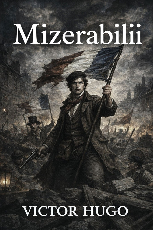 Book cover of 'Mizerabilii' by Victor Hugo featuring a historical scene with a man holding flags.