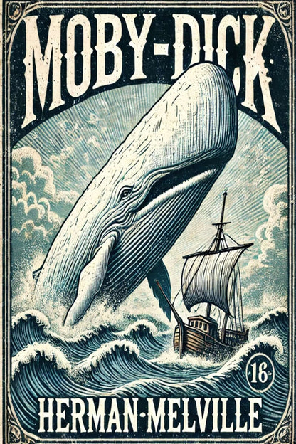 Vintage-style poster of 'Moby-Dick' by Herman Melville with a whale and ship illustration.