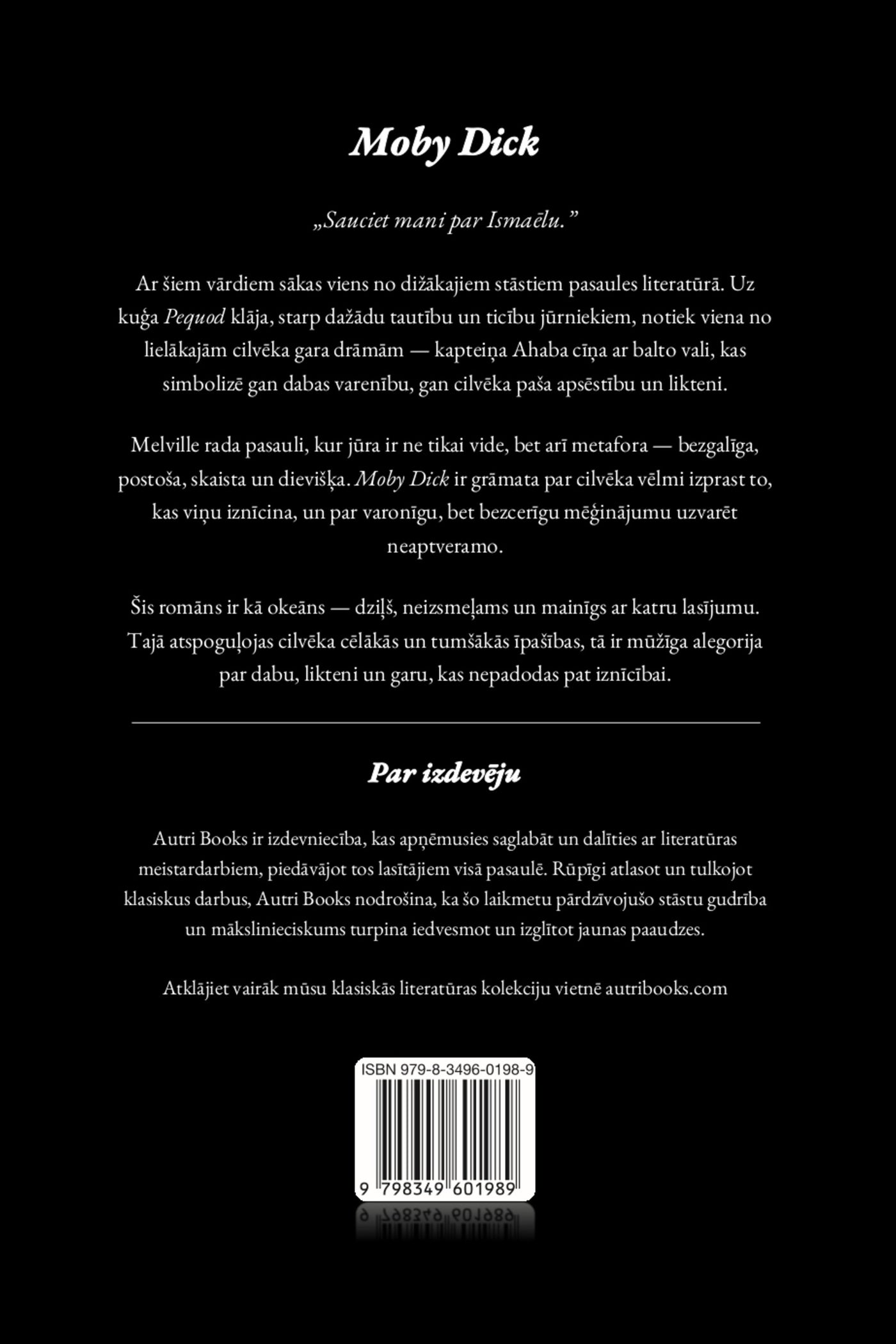 Back cover of a book titled 'Moby Dick' with text in latvian language.
