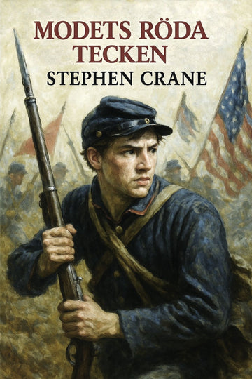 Book cover of 'Modets röda tecken' by Stephen Crane featuring a soldier with a rifle and flags.