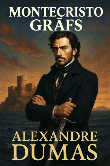 Book cover for 'Montecristo grāfs' by Alexandre Dumas, featuring a painted portrait of a man in a dark coat holding a sword, with a castle and sea in the background under a warm sky.