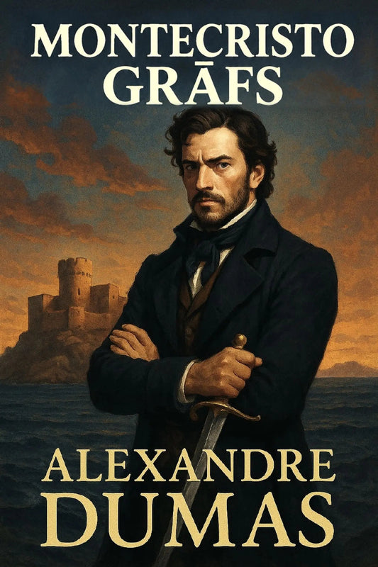 Book cover for 'Montecristo grāfs' by Alexandre Dumas, featuring a painted portrait of a man in a dark coat holding a sword, with a castle and sea in the background under a warm sky.