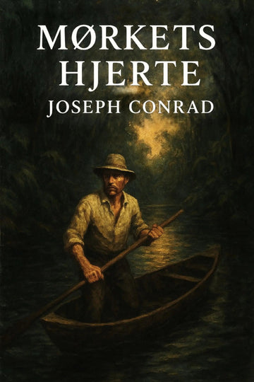 Book cover of 'Mørkets hjerte' by Joseph Conrad with a man in a boat on a dark background.