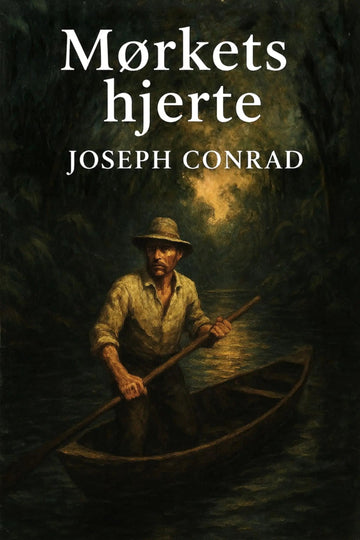 Book cover for 'Mørkets hjerte' by Joseph Conrad, featuring an illustration of a man rowing a canoe in a dark, moody river at night.