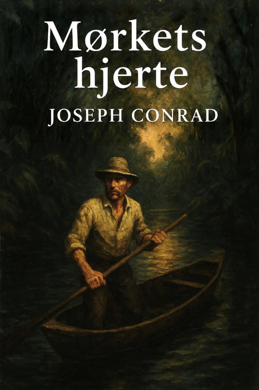 Book cover for 'Mørkets hjerte' by Joseph Conrad, featuring an illustration of a man rowing a canoe in a dark, moody river at night.