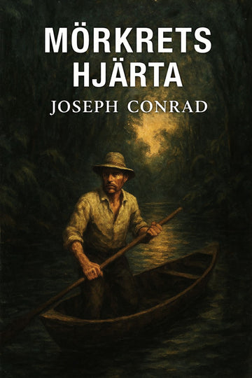 Book cover of 'Mörkrets hjärta' by Joseph Conrad with a man in a boat on a dark background.