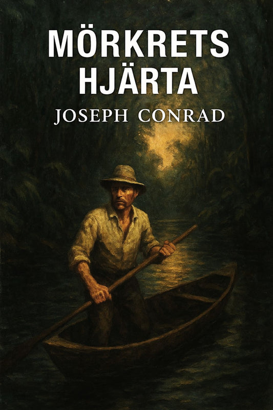 Book cover of 'Mörkrets hjärta' by Joseph Conrad with a man in a boat on a dark background.