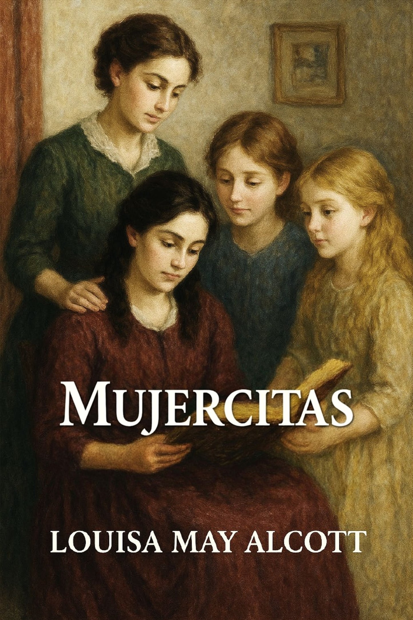 Book cover of 'Mujercitas' by Louisa May Alcott featuring four women in a warm setting.