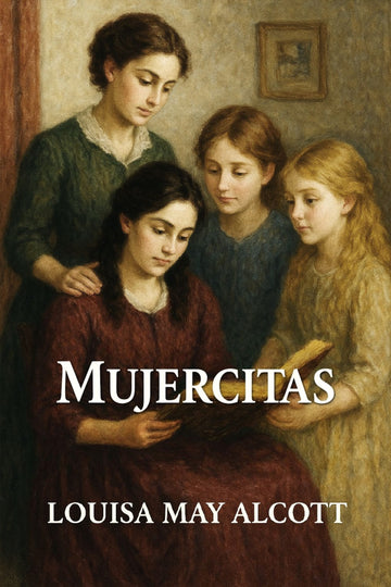 Book cover of 'Mujercitas' by Louisa May Alcott featuring four women in a warm setting.