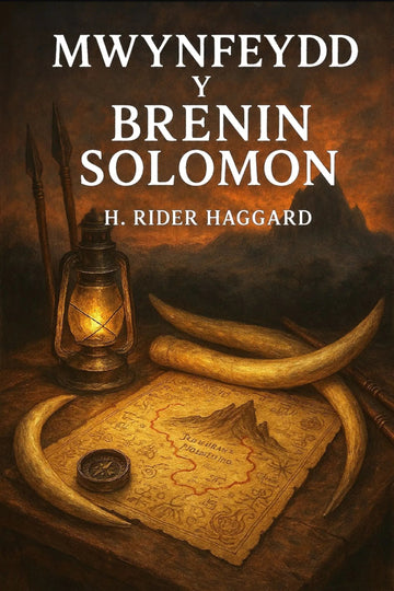 Book cover for 'Mwynfeydd y Brenin Solomon' by H. Rider Haggard, featuring a dark fantasy-style illustration of a lantern, compass, map, and curved ivory tusks on a wooden surface against a smoky brown background.
