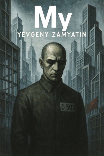 Book cover of 'My' by Yevgeny Zamyatin featuring a man in a prison uniform against a cityscape.