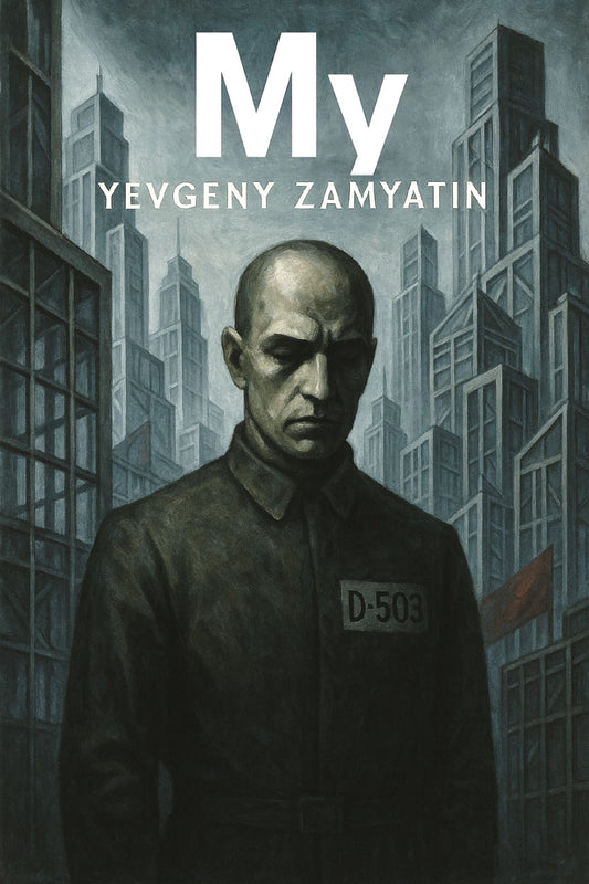 Book cover of 'My' by Yevgeny Zamyatin featuring a man in a prison uniform against a cityscape.