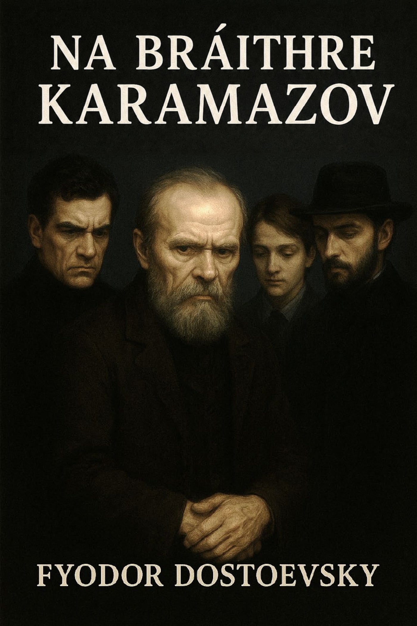 Book cover of 'Na Bráithre Karamazov' by Fyodor Dostoevsky featuring four characters.