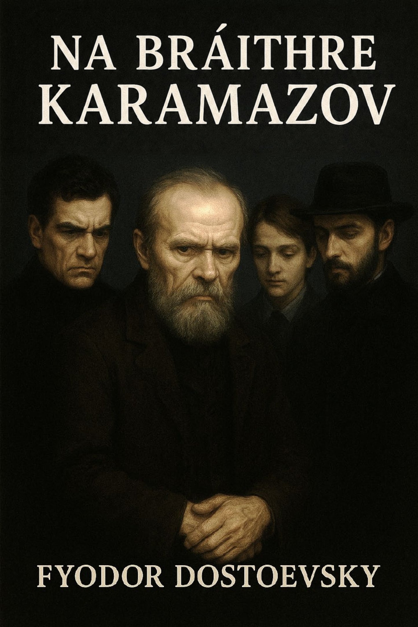 Book cover of 'Na Bráithre Karamazov' by Fyodor Dostoevsky featuring four characters.