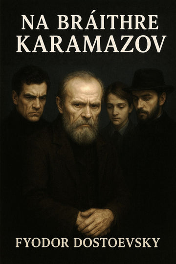 Book cover of 'Na Bráithre Karamazov' by Fyodor Dostoevsky featuring four characters.