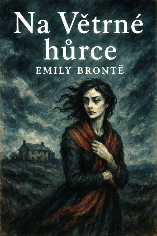 Book cover for 'Na Větrné hůrce' by Emily Bronté, featuring a dark, painterly illustration of a woman in a red shawl against a stormy sky, with a cottage in the background.