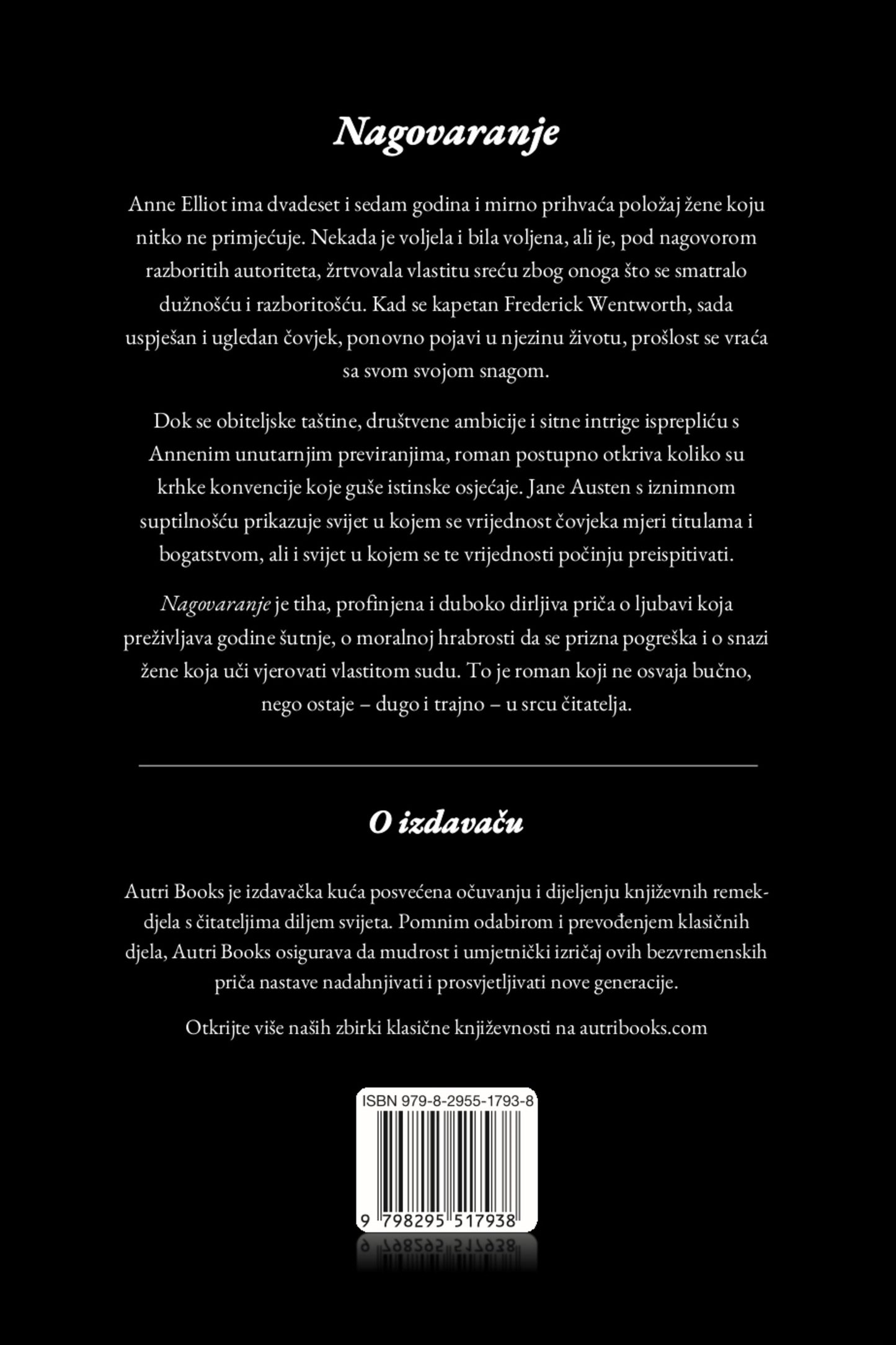Back cover of a book with text in Croatian on a black background