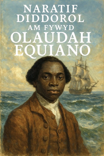 Book cover for 'Naratif Diddorol am Fywyd Olaudah Equiano' featuring a painted portrait of Olaudah Equiano in front of ocean waves and a sailing ship, with the title in large white text at the top.