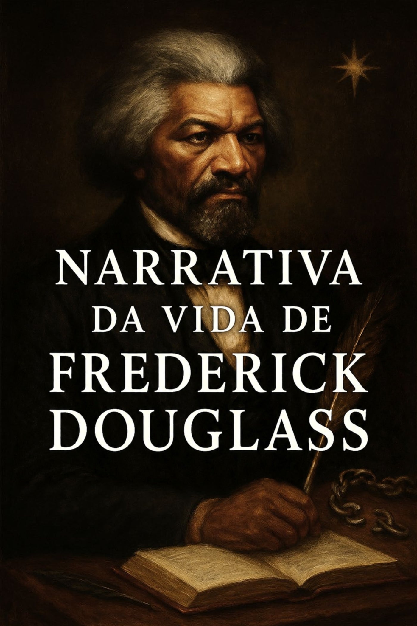 Book cover of 'Narrativa da Vida de Frederick Douglass' with a portrait of Frederick Douglass and an open book.