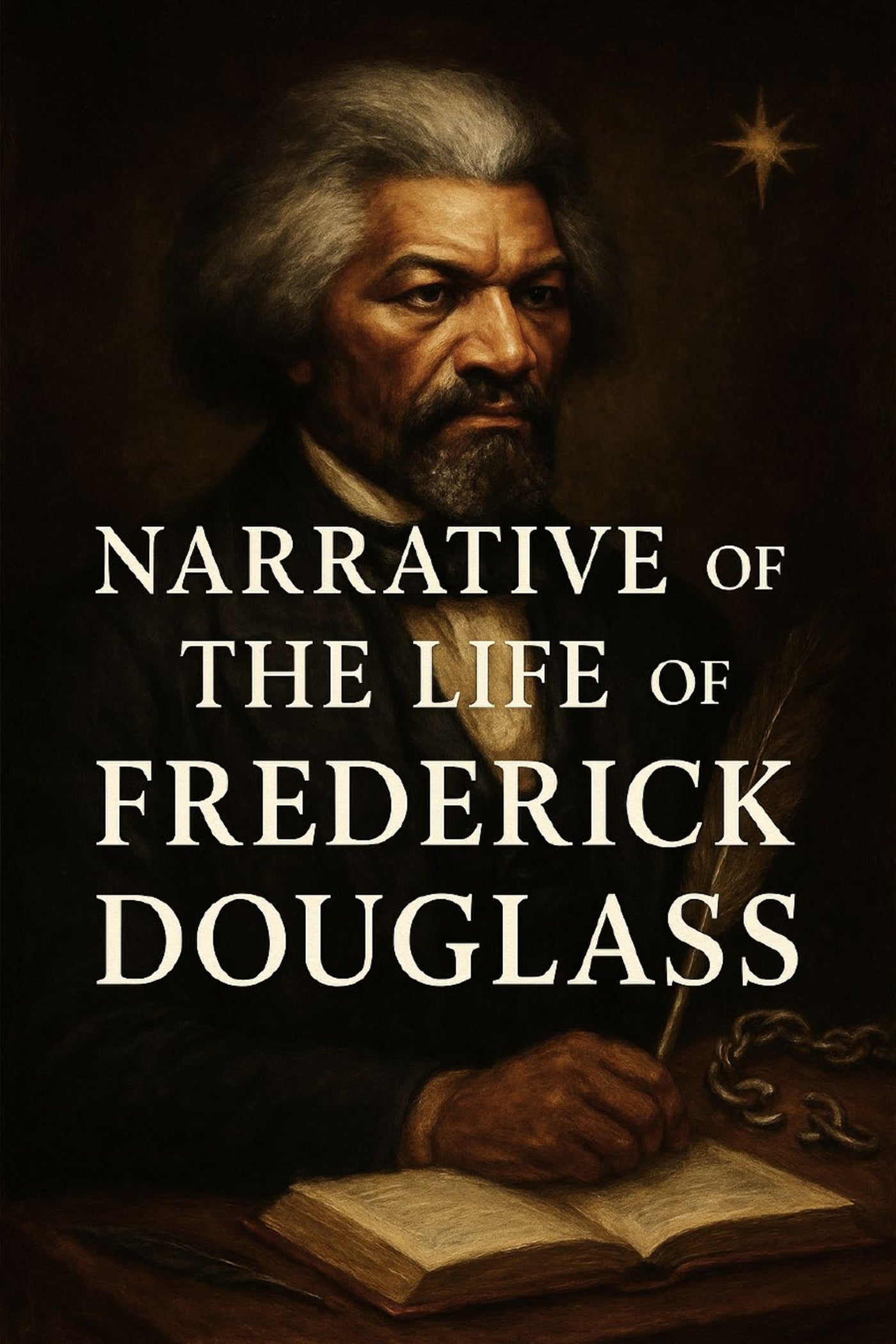 Book cover of 'Narrative of the Life of Frederick Douglass' with a portrait of Frederick Douglass and an open book.