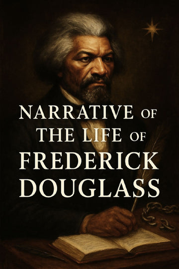 Book cover of 'Narrative of the Life of Frederick Douglass' with a portrait of Frederick Douglass and an open book.