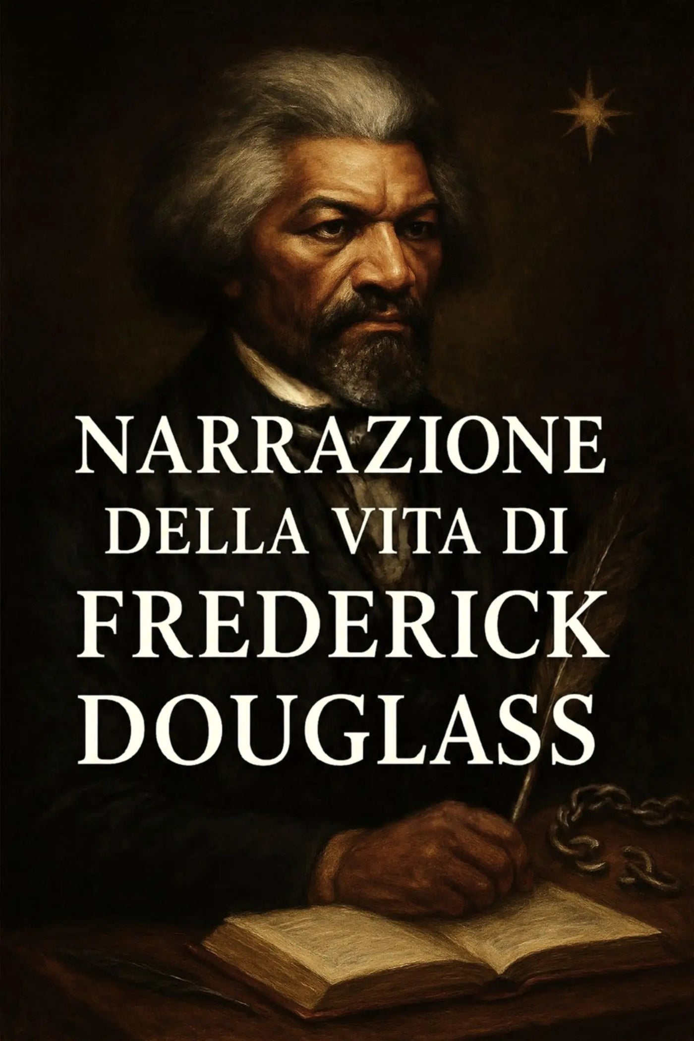 Book cover for 'Narrazione della vita di Frederick Douglass' featuring a dark, classical portrait of Frederick Douglass with large white serif text overlaid across the center.