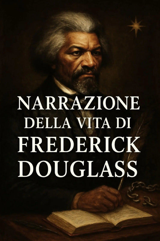 Book cover for 'Narrazione della vita di Frederick Douglass' featuring a dark, classical portrait of Frederick Douglass with large white serif text overlaid across the center.